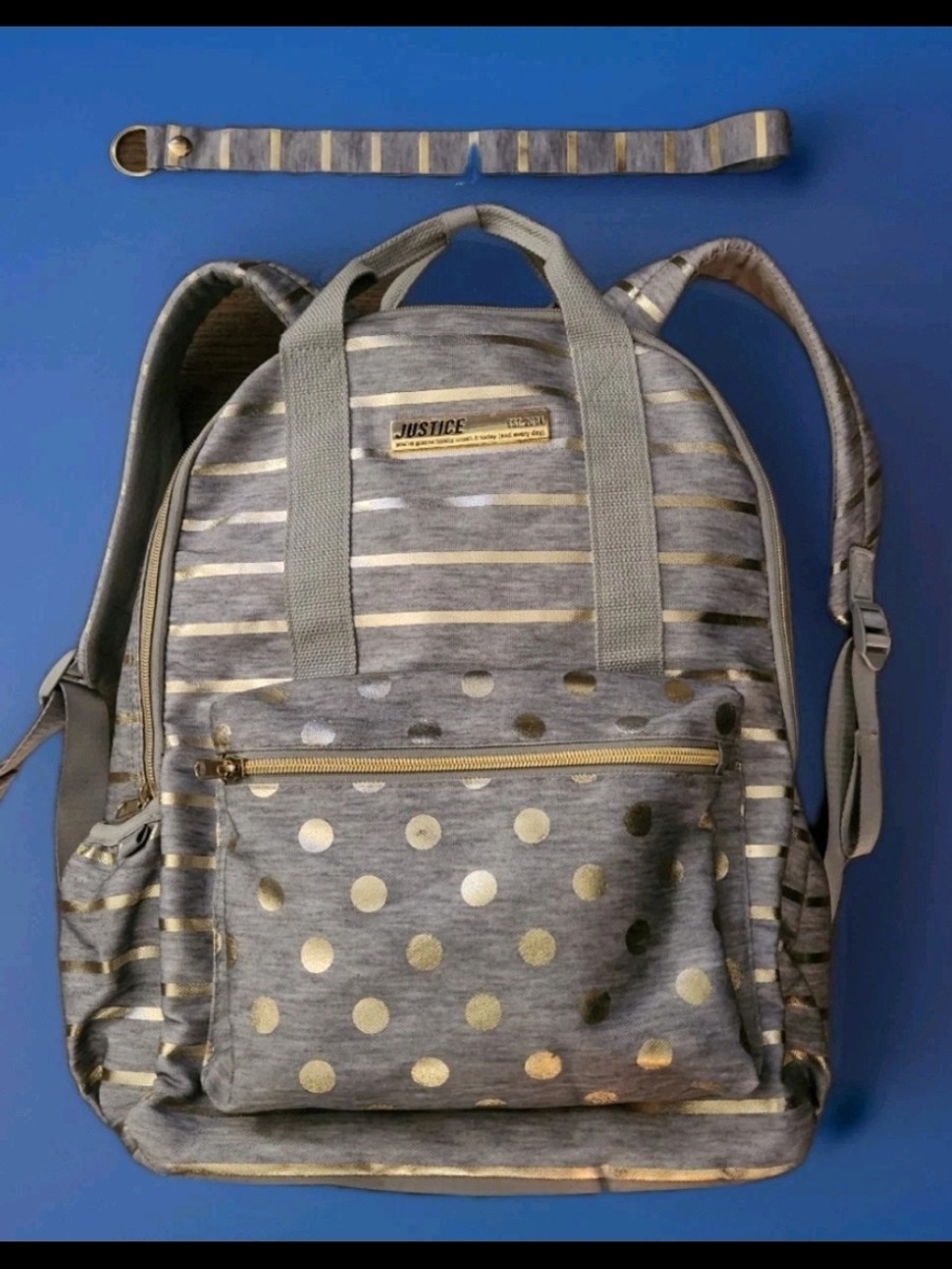 JUSTICE BACKPACK/BOOKBAG AND LANYARD GRAY SHIMMERING GOLD STRIPES/DOTS
